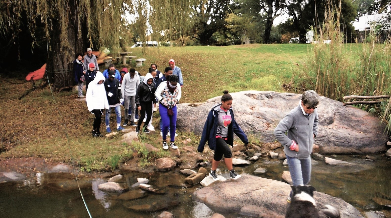 school karen leading group over bridges